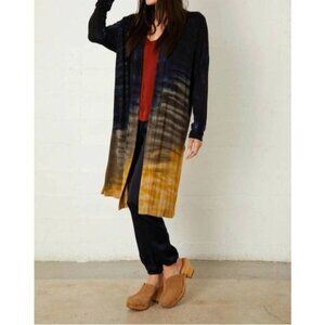 River + Sky Tie-Dye Midi Duster Cardigan Open Front Long Sleeves Navy Yellow Omb